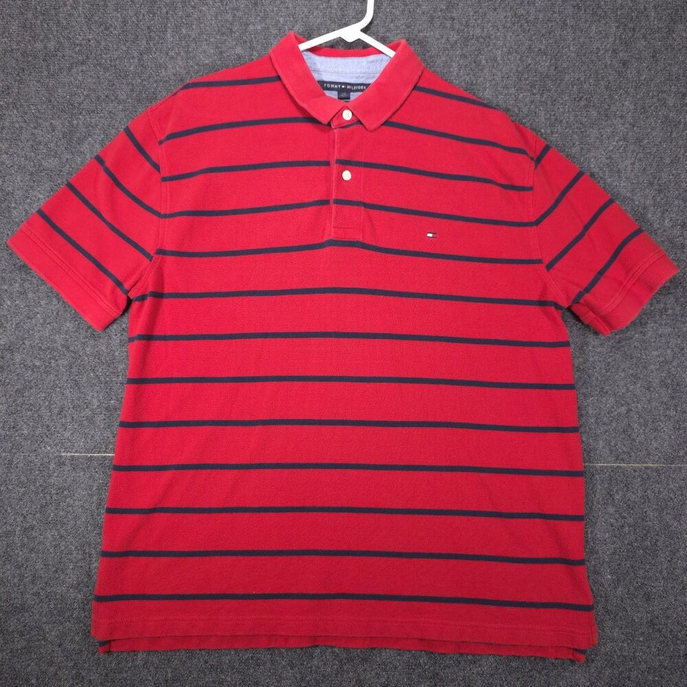 Tommy Hilfiger Men Polo Shirt Large Classic Fit Red Navy Stripe Short Sleeve
